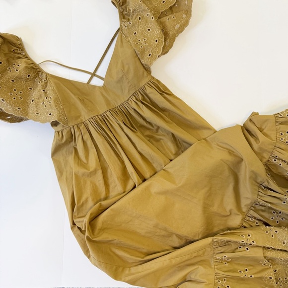 En Saison Anthropologie Dress Womens Medium Khaki Tan Eyelet Poplin Midi - Picture 3 of 11